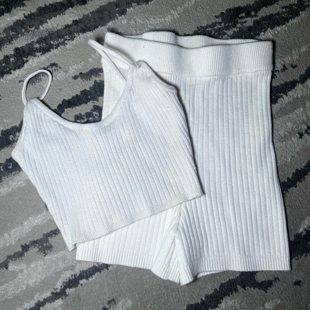 Meshki white ribbed tank and short set
